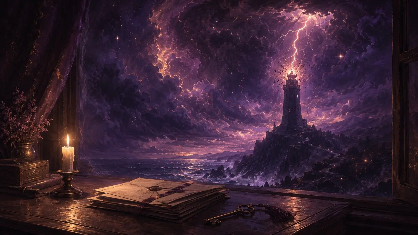 The Tower tarot card beside a stack of legal papers and a pen