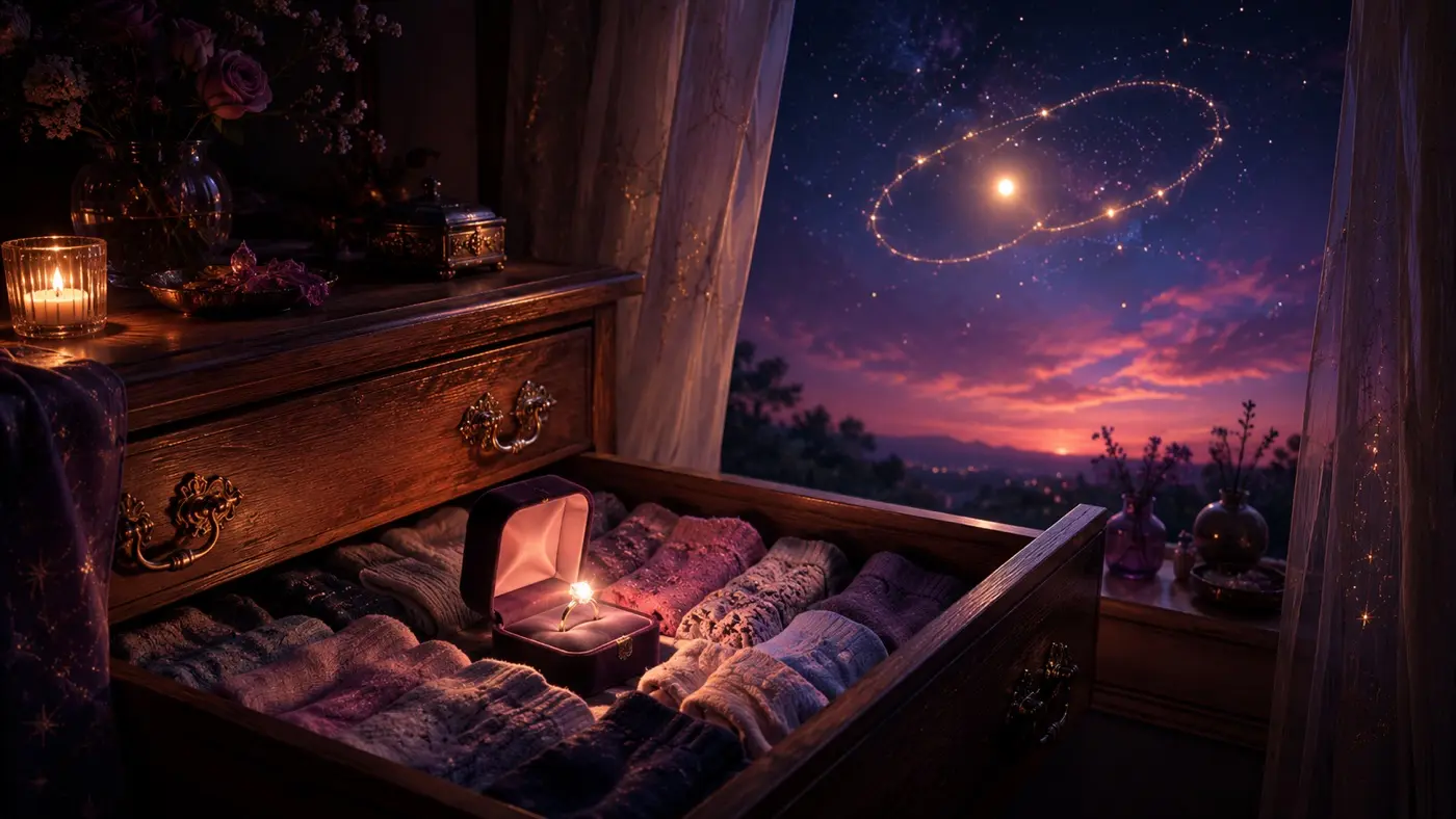 An engagement ring resting in a sock drawer under moonlight