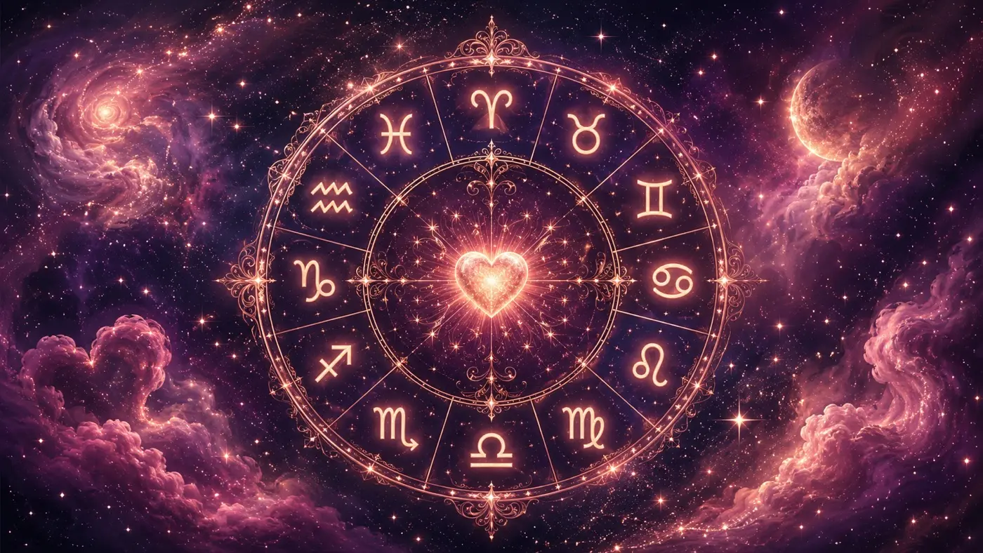 zodiac wheel glowing with rose and gold light among stars